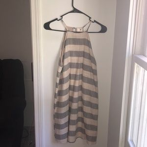 Halter dress with blueish grey and white stripes